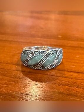 2005 Sterling Silver (925) Jadeite, Marcasite Ring, Marked NV, but it’s Avon—5.5